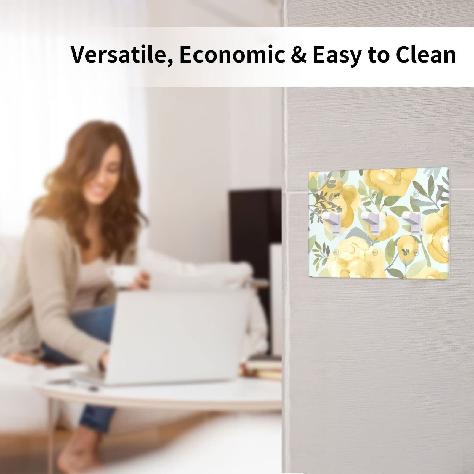 Yellow Floral Light Switch Cover - Triple Toggle Wall Plate, Decorative 3-Gang Switch Plate (4.5 x 6.38 Inch) for Kitchen, Bathroom & Bedroom - Brighten Your Home Decor