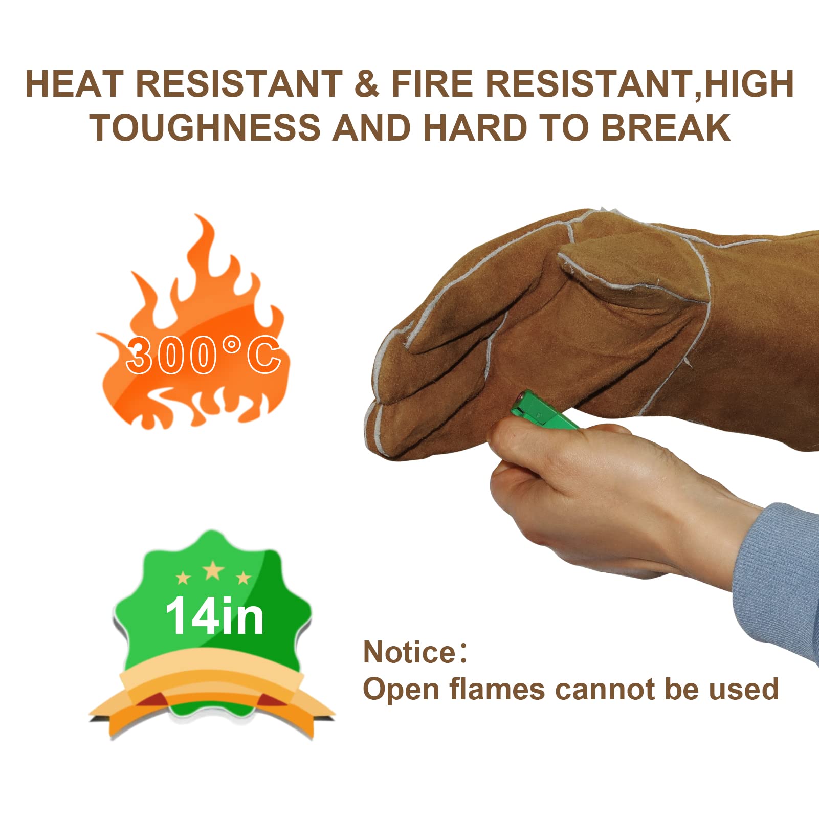 KOP&WDHOM 14 Inch Heat Resistant Leather Welding Gloves - Fireproof Work Gloves for MIG TIG Stick Welding, Forging, BBQ, Oven, Grill, Fireplace & Stove Use - Heavy Duty Protection for Metalworking, Cooking & Fireplace Maintenance