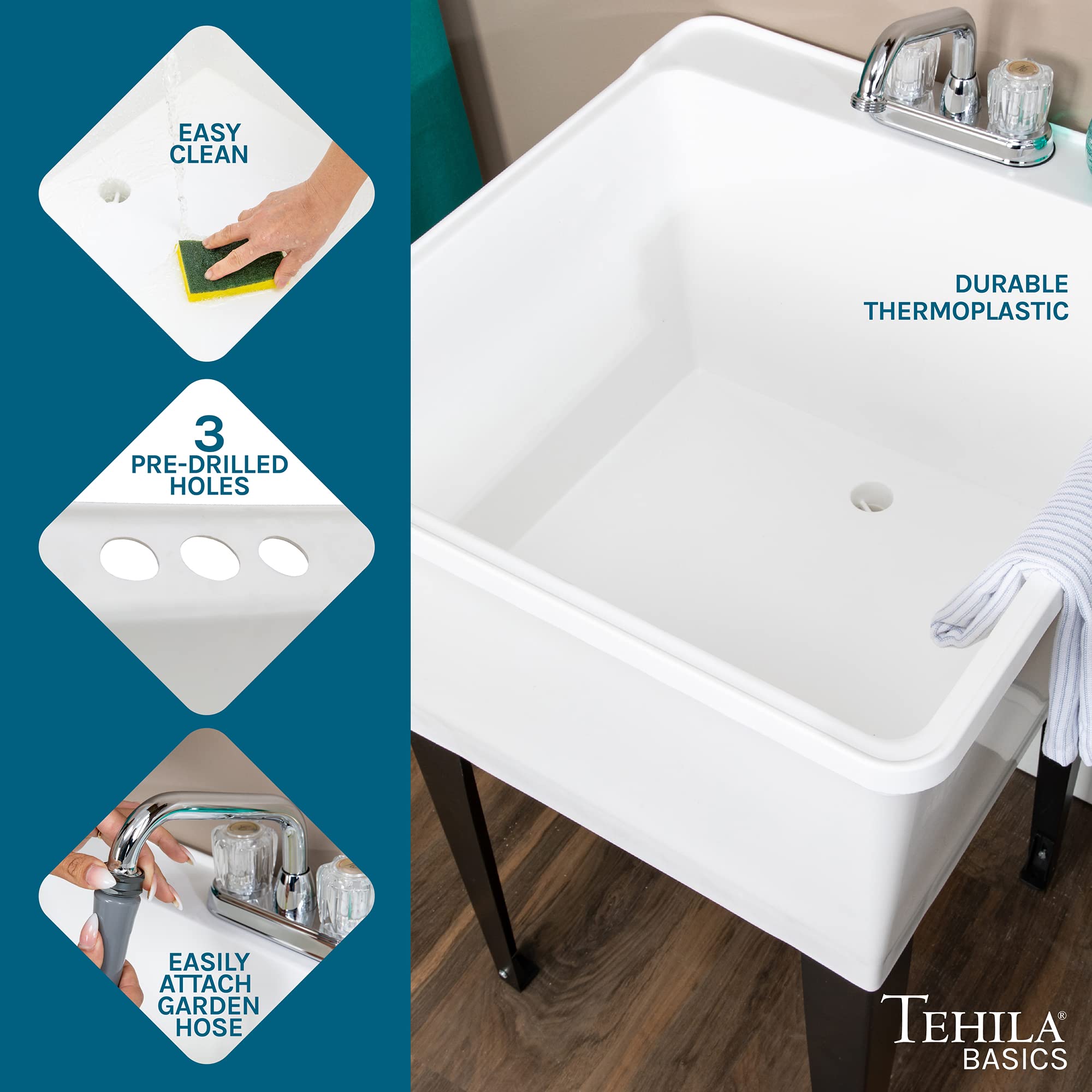 Tehila Basics 21-Gallon White Utility Sink with Chrome Faucet - Heavy Duty Plastic Laundry Tub, Adjustable Legs - Perfect for Laundry Rooms, Garages & Basements