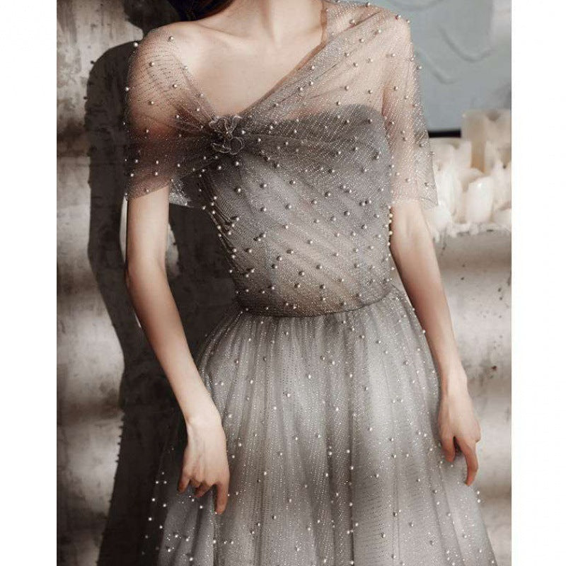 Elegant Beaded Gray Tulle Prom Dress - A-Line Formal Evening Gown for Homecoming, Quinceañera & Special Occasions