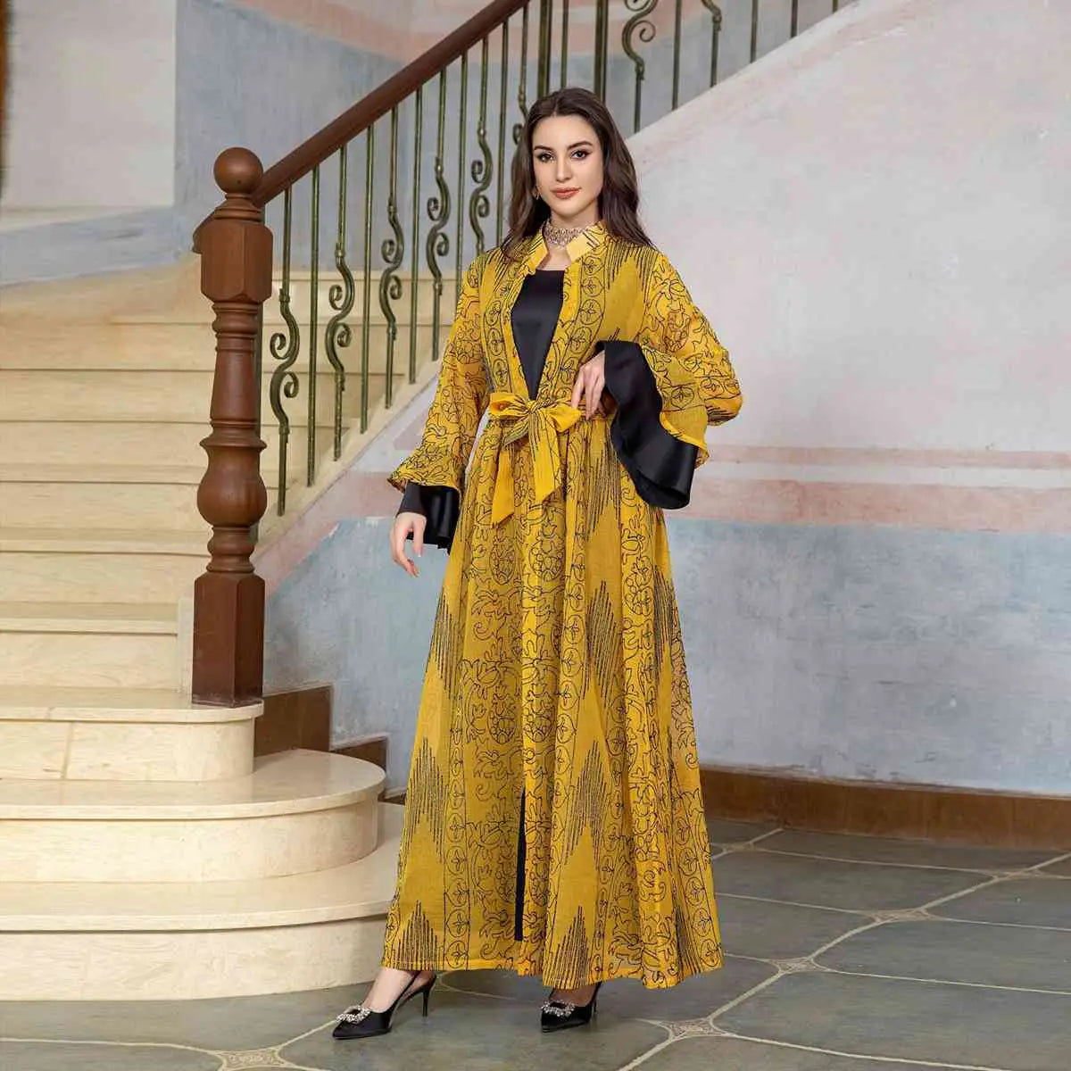 2 Piece Women's Ruffle Sleeve Open Abaya Kaftan Dress Set with Inner Sleeveless Dress - Elegant Muslim Fashion for Prayer, Homewear, and Special Occasions