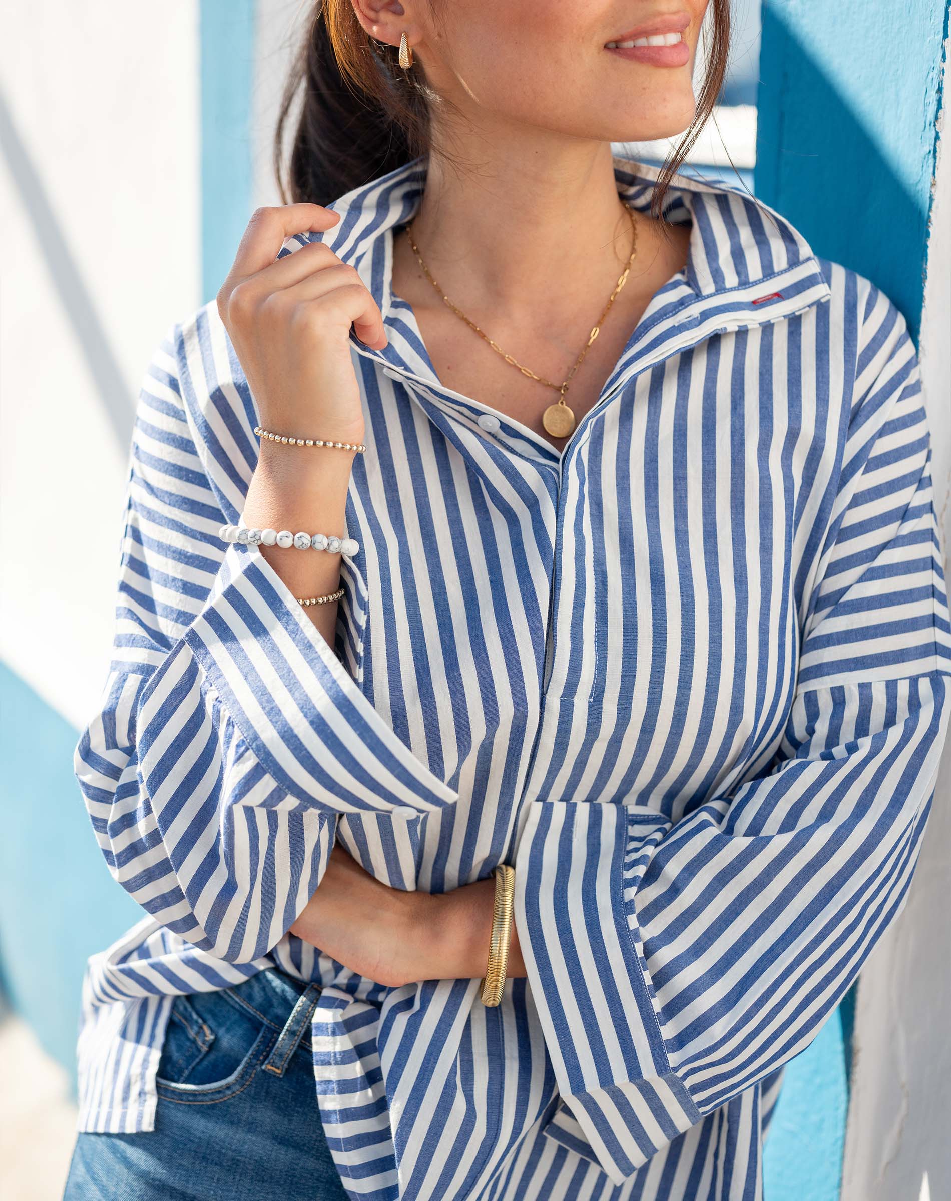 Emerson Pop Up Collar Top for Women - Marina Blue Striped Casual Shirt | Perfect for Office Wear, Summer Outfits & Beach Vacations