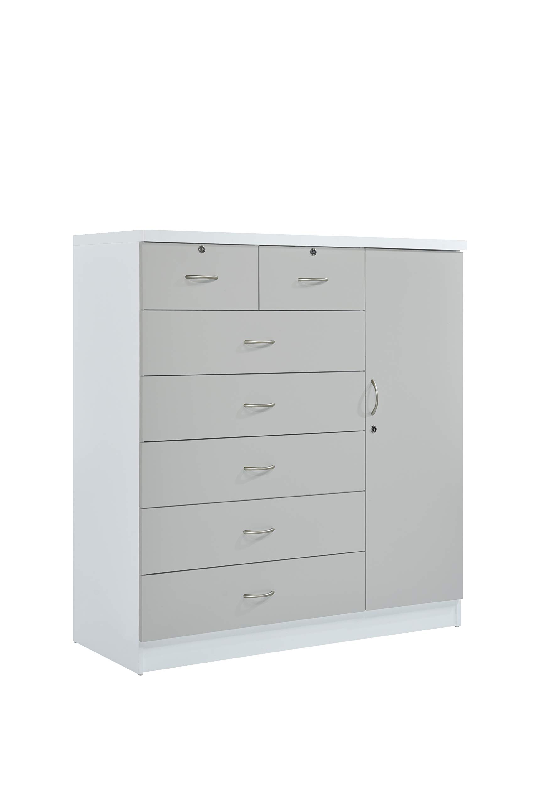 Hodedah 7-Drawer Jumbo Chest Dresser with 5 Large Drawers, 2 Small Lockable Drawers, Hanging Rod & 3 Shelves - Grey-White Finish | Perfect for Bedroom Storage, Closet Organization & Small Space Living