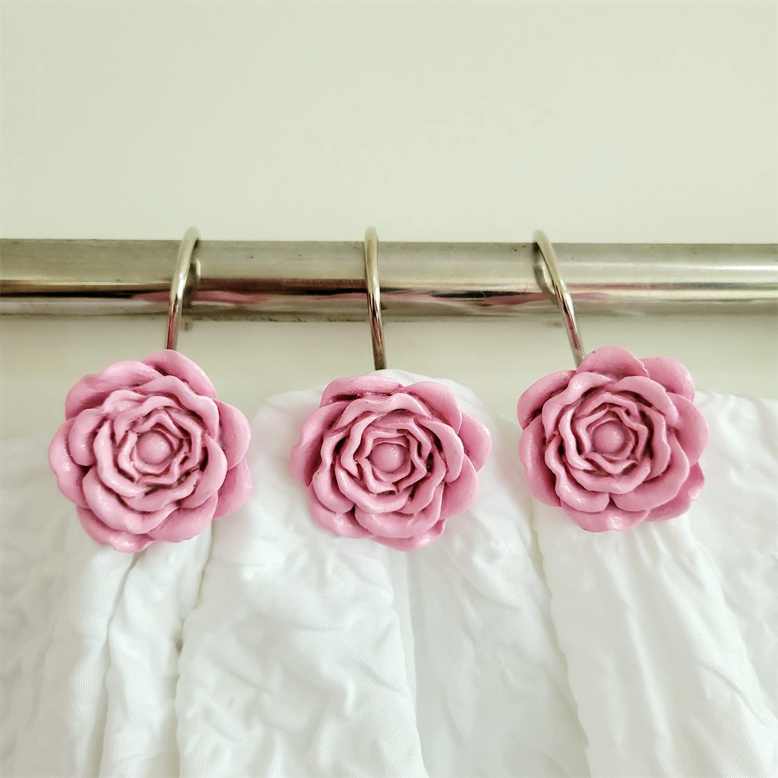 12 Pack Pink Rose Shower Curtain Hooks - Elegant Flower Shower Rings Set for Bathroom Decor - Perfect for Vintage, Boho & Farmhouse Style Bathrooms