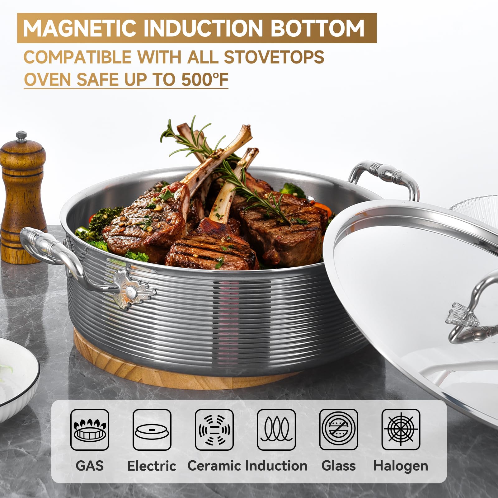 Inqibee Tri-Ply Stainless Steel 8 QT Sauté Pan with Lid - 13 Inch Induction Compatible Deep Frying Pan, Braiser, Large Skillet & Jumbo Cooker - Heavy Duty, Dishwasher & Oven Safe - Perfect for Searing, Frying & Slow Cooking