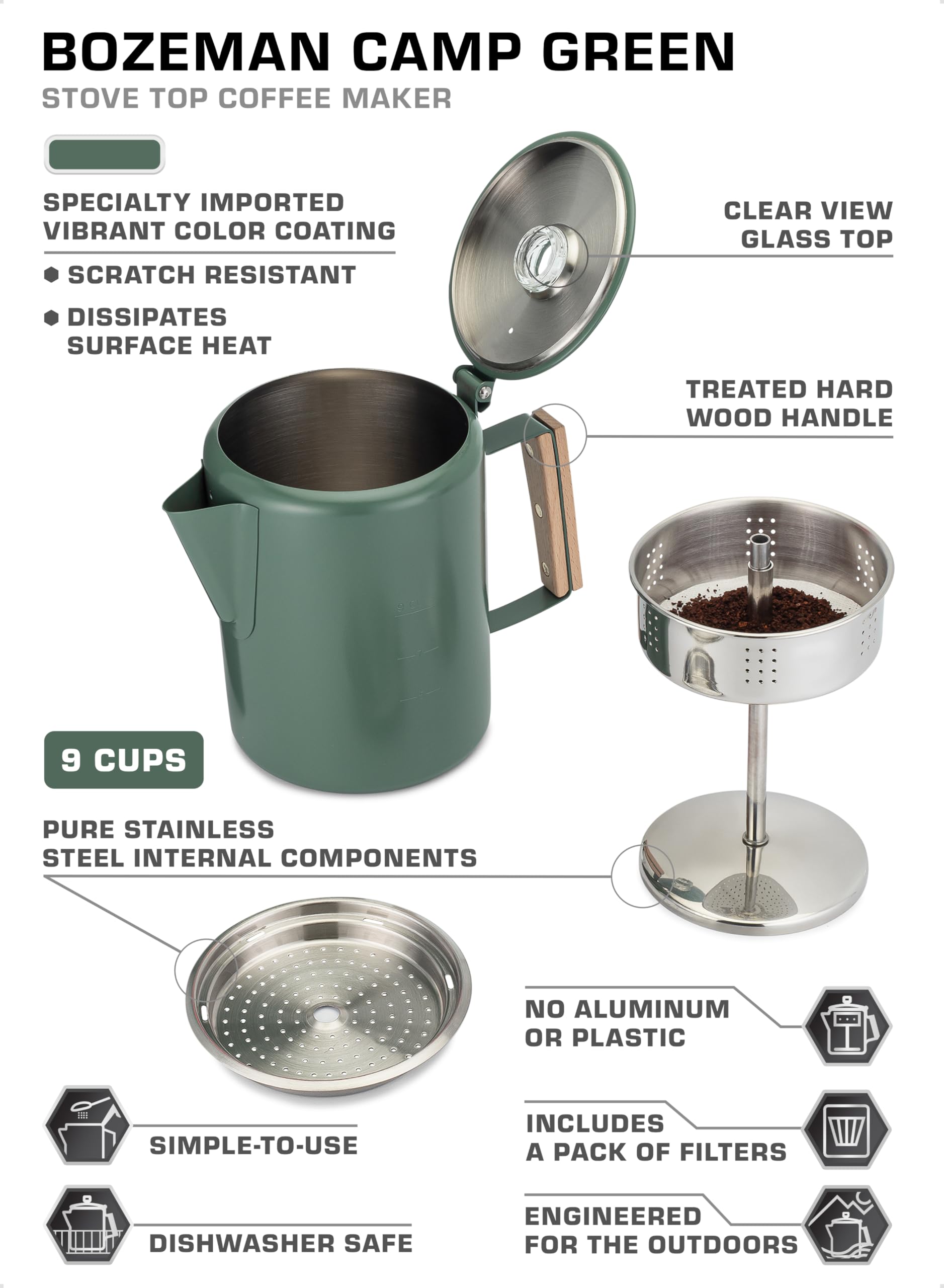 COLETTI Bozeman Camping Coffee Pot - Stainless Steel Percolator for Outdoor Adventures, Camping & Hiking - BPA-Free & Eco-Friendly (Camp Green) | Perfect for Backpacking, RV Trips & Picnics