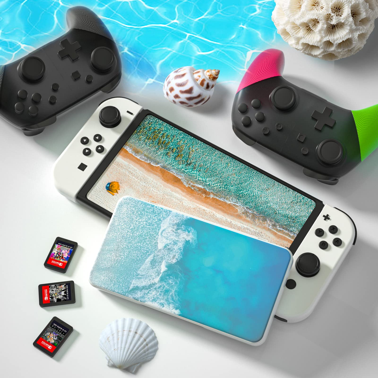 Nintendo Switch and Switch OLED Game Card Holder - 24 Game Slots & Micro SD Storage - Waterproof Sea Themed Cartridge Case for Travel & Home Organization