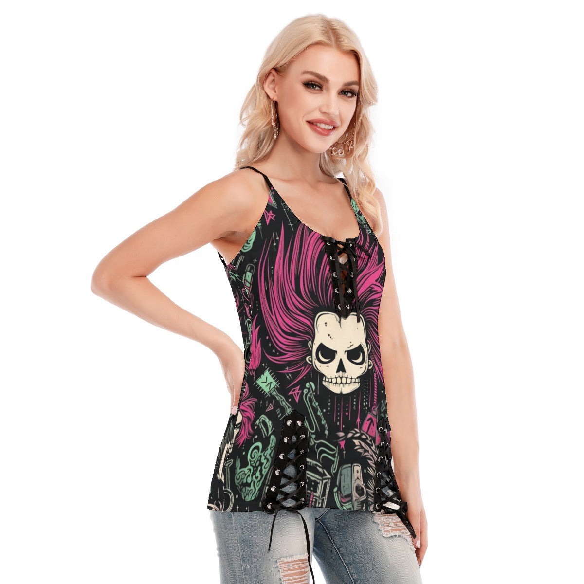 Punk Rock Skull Girl V-Neck Lace-Up Cami Top - Gothic Fashion, Alternative Clothing for Concerts & Night Out