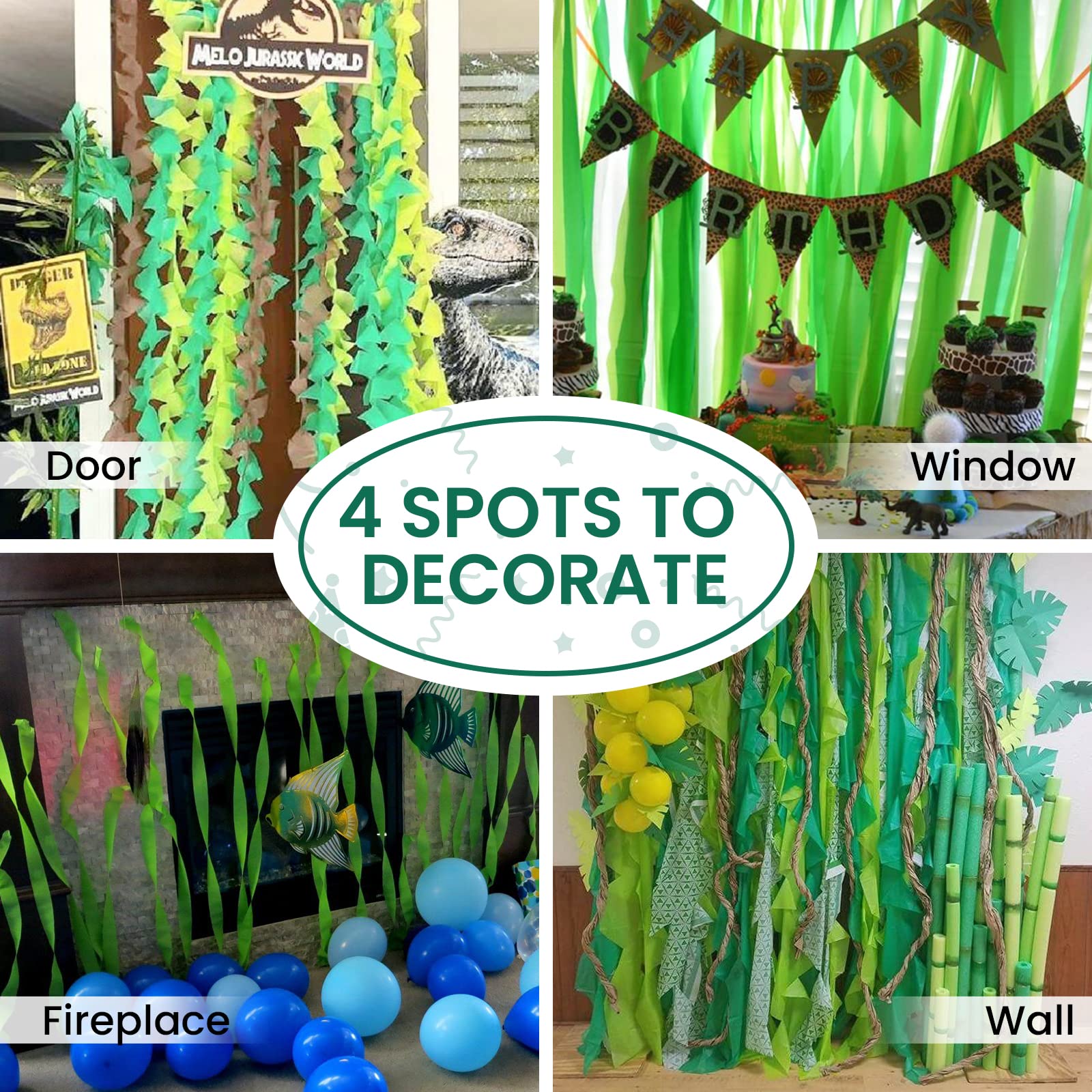 PartyWoo Crepe Paper Streamers - 6 Rolls (492ft) Lime Green, Dark Green, Mint Green & Gold - 1.8