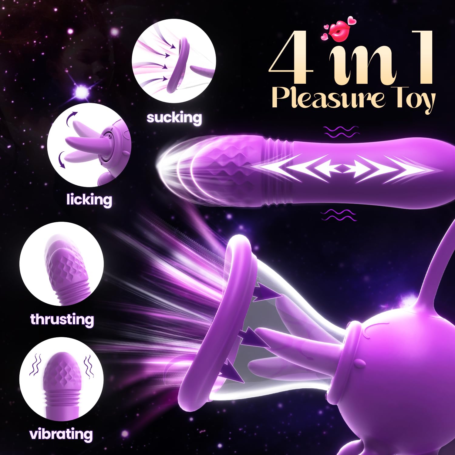 4-in-1 Rose Sucking Vibrator for Women - Clitoral & Nipple Stimulation Toy with Suction, Thrusting Dildo, Tongue Licking & Vibrating Wand - G-Spot & Couples Sex Toy for Enhanced Pleasure (Perfect for Solo Play & Romantic Nights)