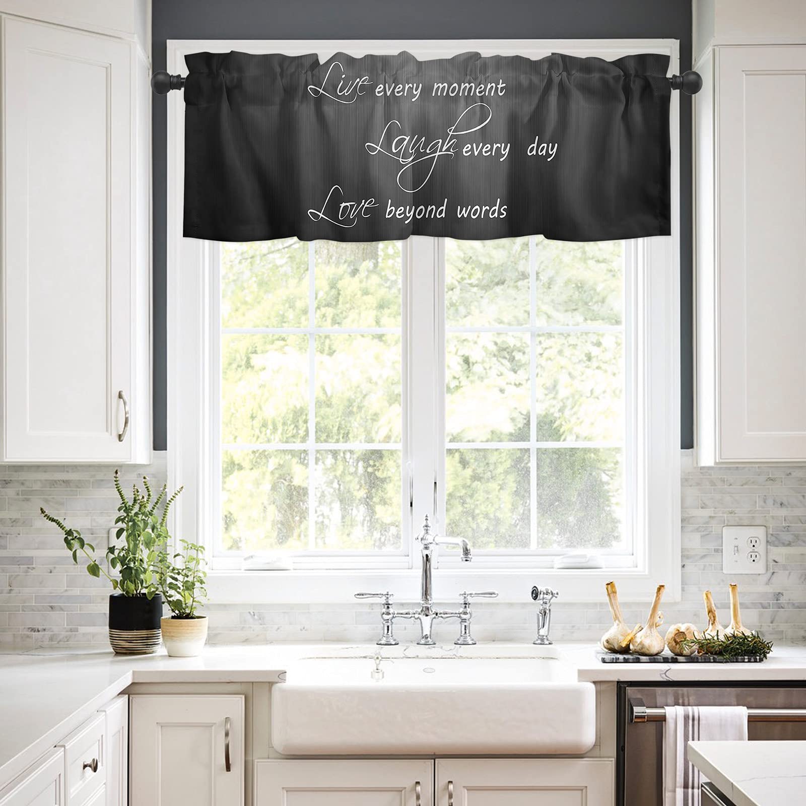 Live Laugh Love Black Rod Pocket Window Valances - 54x18 Inch Curtain Toppers for Living Room, Bedroom & Kitchen Decor | Motivational Home Textiles for Cozy Spaces