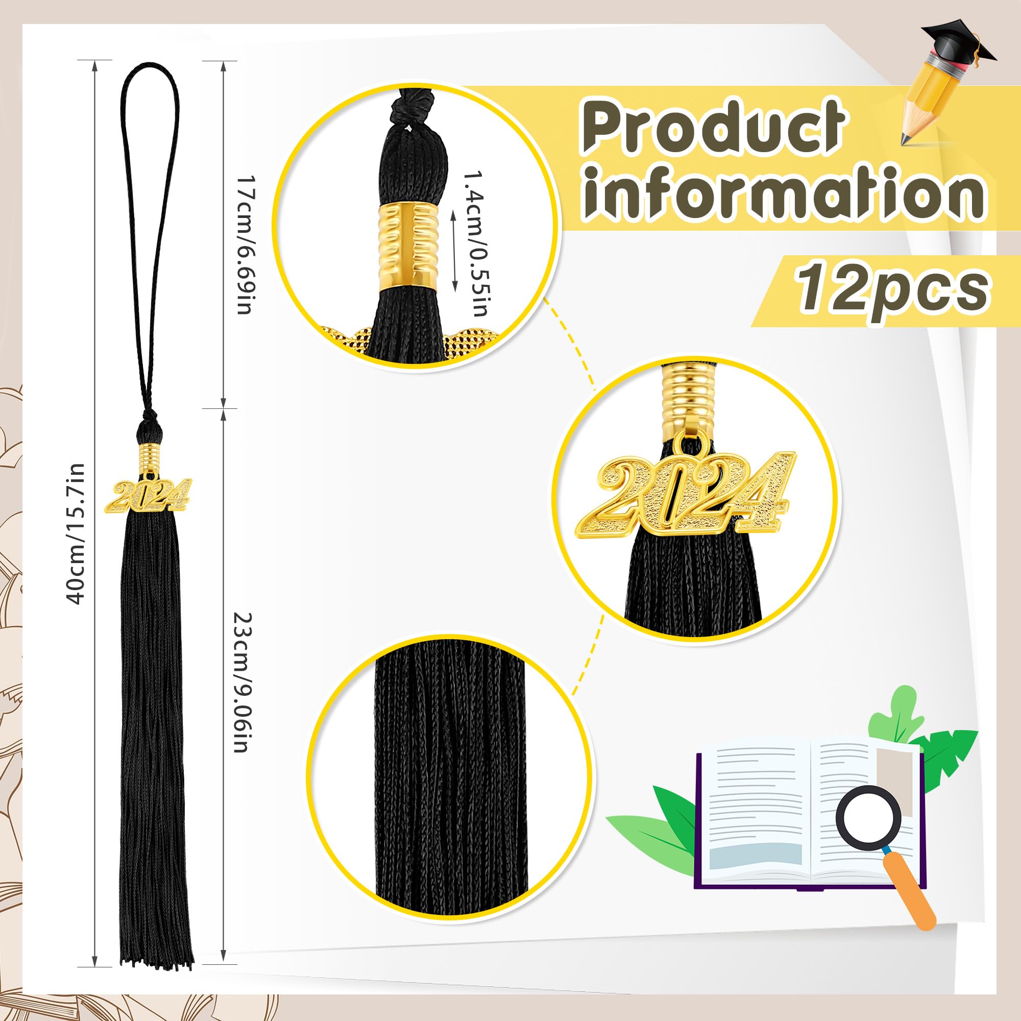 12-Piece 2024 Graduation Tassel Set - Classic Academic Cap Tassels for Graduation Ceremonies, Parties & Decorations (Black) | Perfect for High School, College & University Graduation Gifts