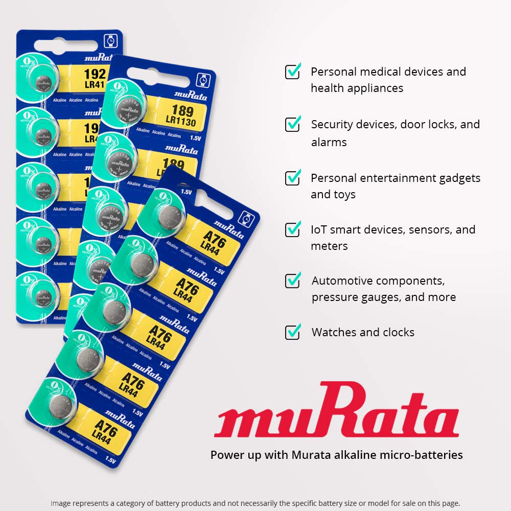 Murata LR41 1.55V Alkaline Button Cell Battery (2-Pack) - Replacement for Sony LR41, AG3, 192, 384 - Perfect for Watches, Calculators & Small Electronics