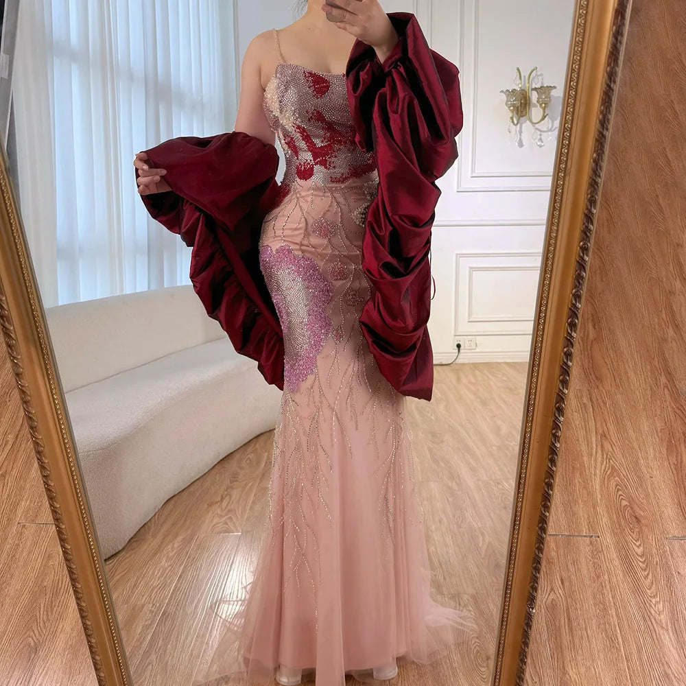 Luxury Designer Dreamy Pink Evening Gown with Cape Sleeves - Elegant Formal Dress for Prom, Wedding, Red Carpet Events - Style LA72850
