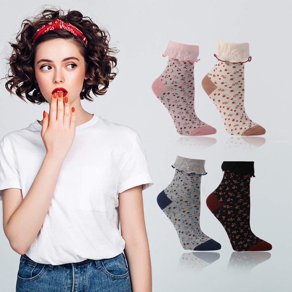 Women's Lace Ruffle Floral Ankle Socks - Cute Frilly Novelty Socks for Women & Girls - Perfect for Casual Wear, Dresses & Fashion Accessories