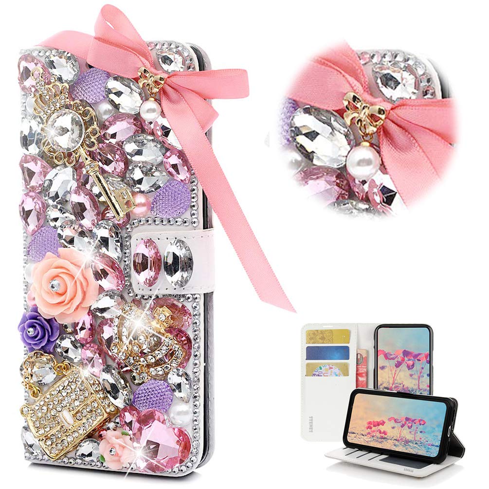 STENES Bling Wallet Case for iPhone 6 Plus/6S Plus - 3D Crystal Bowknot Rose Design Magnetic Leather Cover - Pink | Perfect for Parties, Weddings & Everyday Fashion Accessory