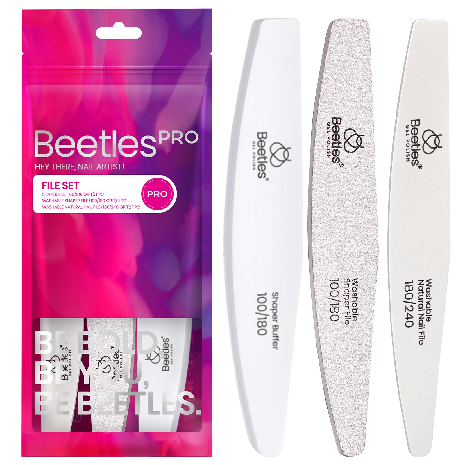 Beetles Professional Nail File and Buffer Set - 3 Pcs 100/180/240 Grit Nail Files for Acrylic, Gel & Natural Nails - Manicure Tools for Home Salon, DIY Nail Care - Perfect Gift for Women & Nail Enthusiasts (Use for shaping, smoothing, and polishing nails at home or professional salons)