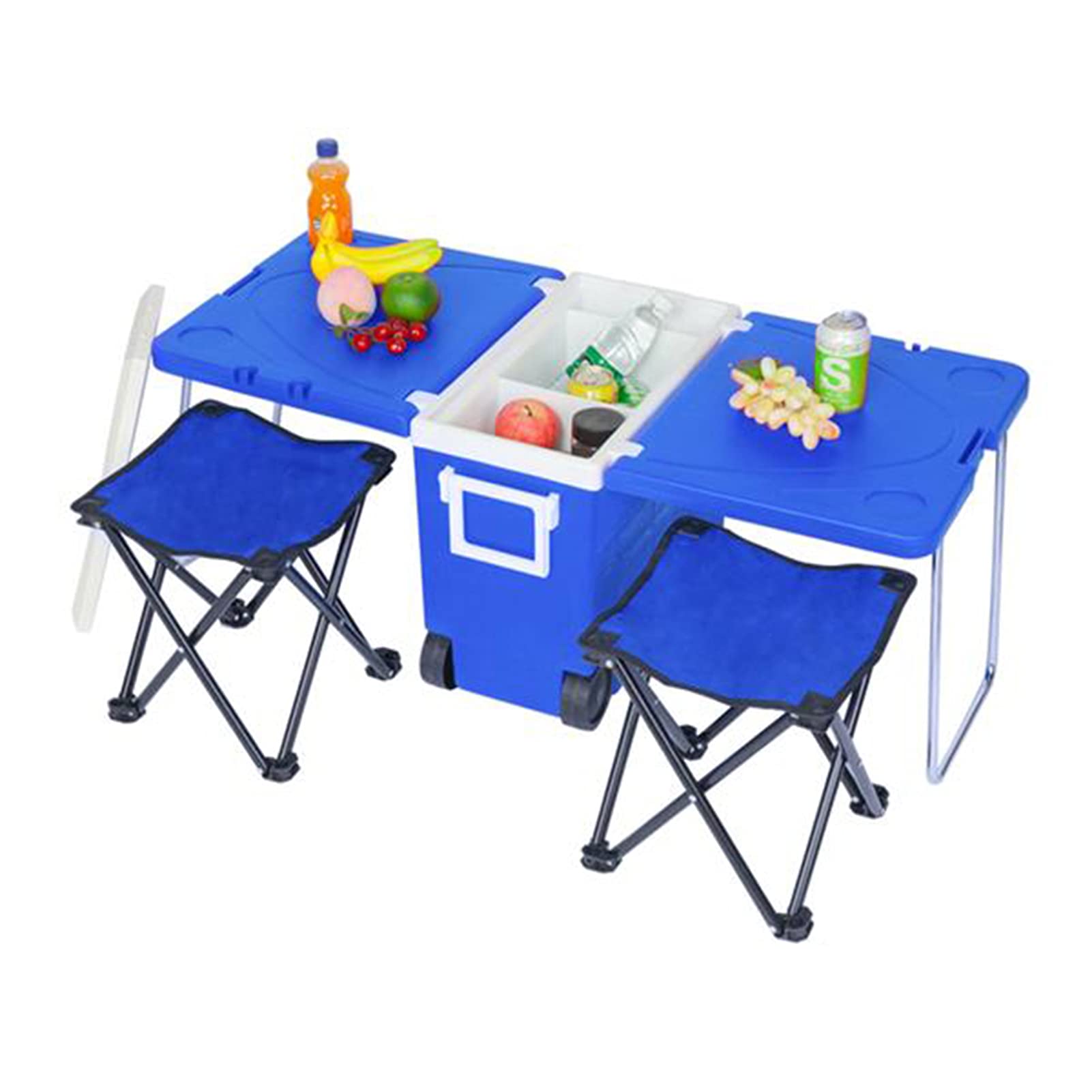 STTC Portable Folding Camping Table with Rolling Cooler & 2 Upgraded Stools - Blue | Multi-Functional Outdoor Picnic, Beach, BBQ & Tailgating Essentials for Camping & Backyard Parties