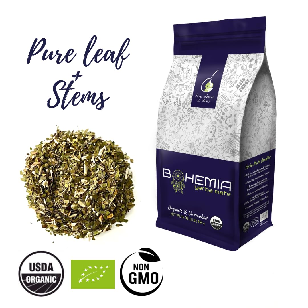 Organic Yerba Mate Tea Set - 1lb Bag, Silver Straw & Brush - High Caffeine Energy Booster for Workouts & Focus