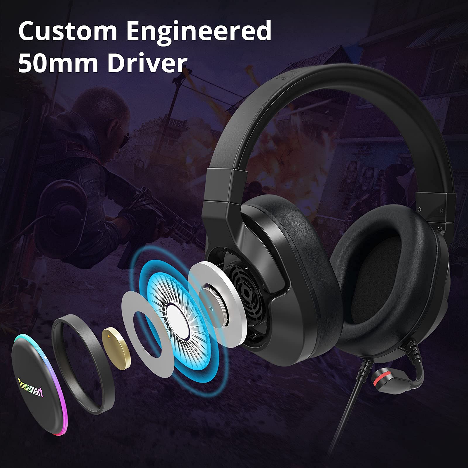 Tronsmart Sparkle RGB Gaming Headset with Microphone, 7.1 Virtual Surround Sound, 50mm Drivers, Noise Cancelling - Compatible with PS4/PS5/Switch/Mac/PC - Perfect for Gaming, Streaming & Online Meetings