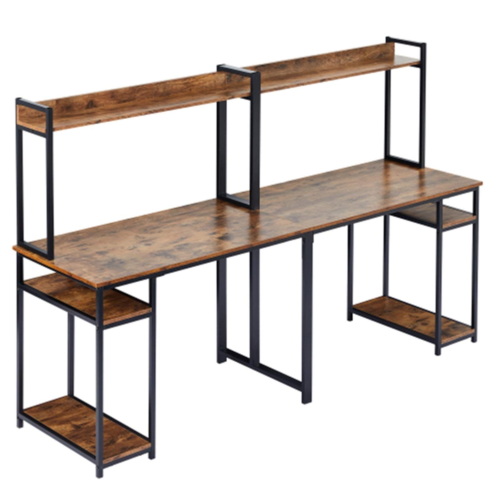 LQIAN 2-Person Home Office Desk with Shelves & Storage - Double Workstation Computer Desk, Spacious Tabletop, Multifunctional Writing Study Desk (Brown) - Perfect for Shared Workspaces, Small Offices & Teen Bedrooms