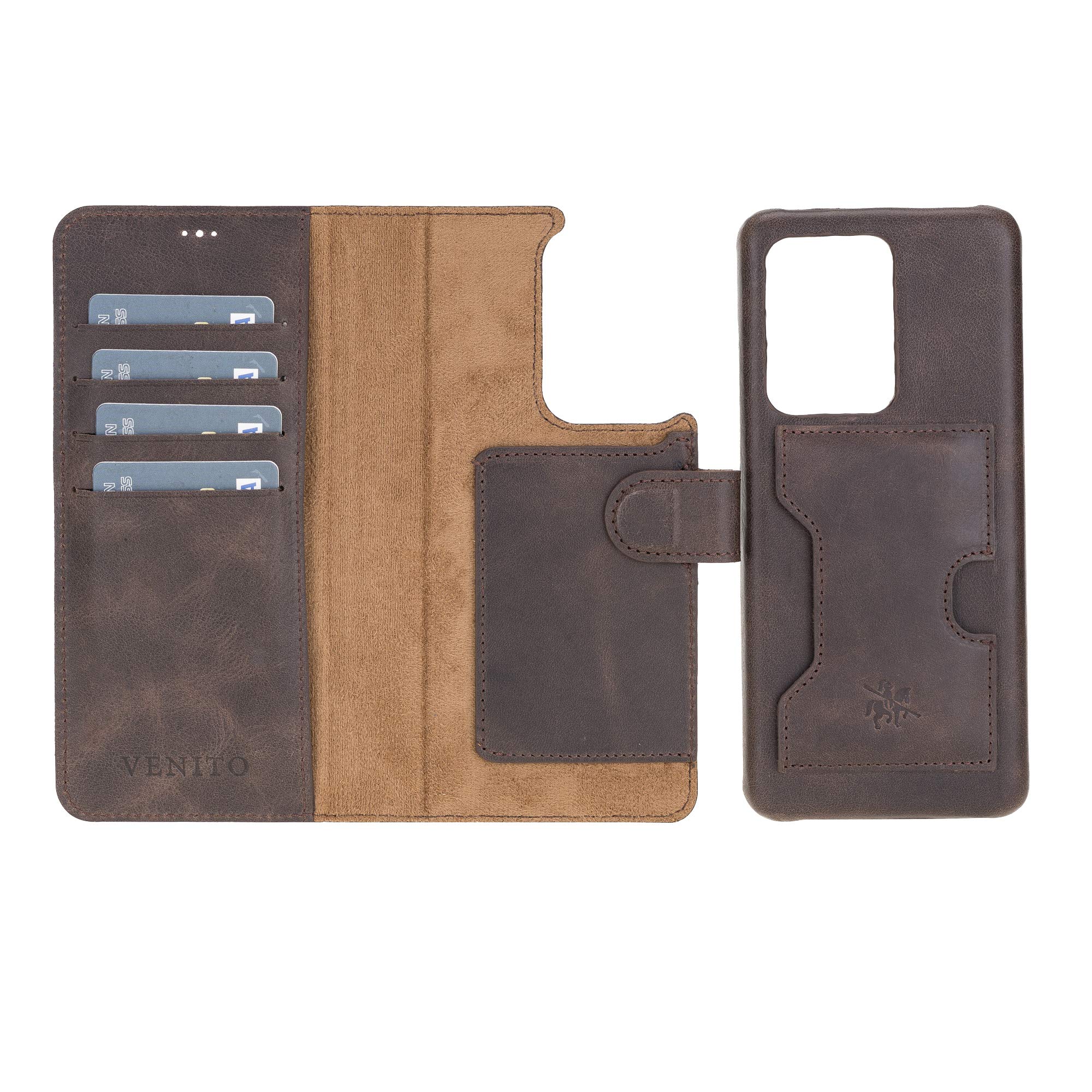 Venito Florence Genuine Leather Wallet Phone Case for Samsung Galaxy S20 Ultra - RFID Blocking for Security - Detachable Card Holder - Coffee Brown - Perfect for Travel, Work & Everyday Use