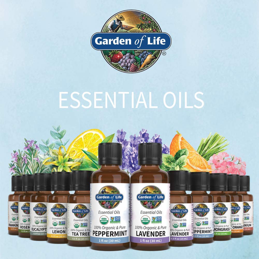 Garden of Life Essential Oils Starter Kit - 100% USDA Organic Lavender, Peppermint, Lemon & Tea Tree Oils | Non-GMO, Pure Aromatherapy Oils for Diffusers, Massage & Relaxation | 2 Fl Oz Each | Perfect for Home Spa, Yoga & Stress Relief