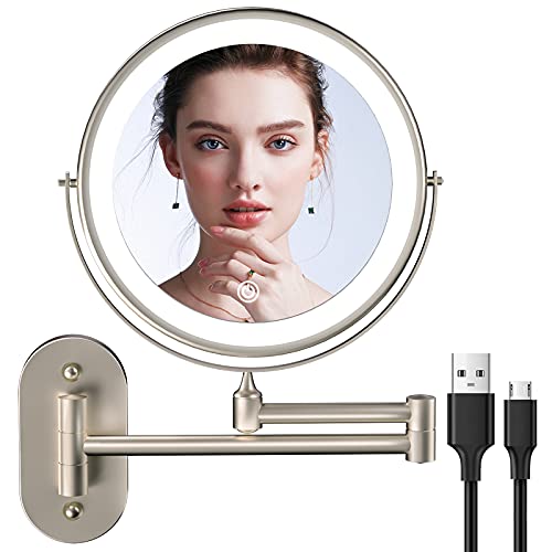 Rechargeable 8 Inch Wall Mounted Makeup Mirror with 3 Color LED Lights & 1x/5x Magnification - Double Sided Dimmable Vanity Mirror with 360° Swivel & Extendable Arm - Perfect for Bathroom, Shaving & Makeup Application