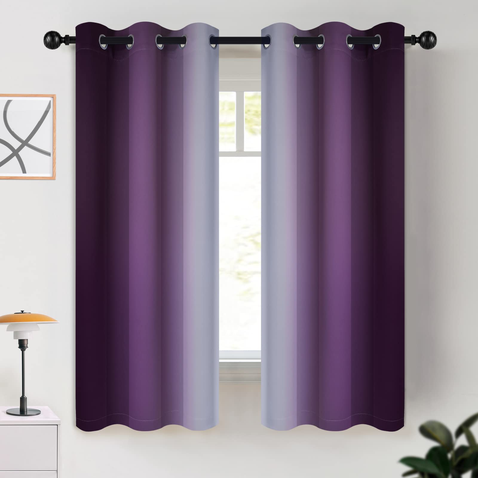 Room Darkening Ombre Curtains 63 Inch - Thermal Insulated Light Blocking Drapes with Grommet Top in Purple & Greyish White Gradient (Set of 2 Panels, 42x63 Inches) for Bedroom & Living Room - Perfect for Home Decor, Privacy & Temperature Control