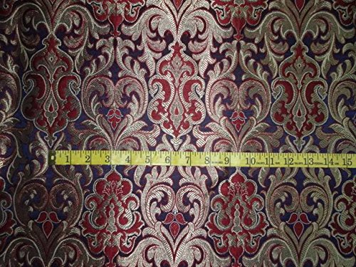 Navy Blue and Maroon Silk Brocade Fabric with Metallic Gold - Premium Material for Sewing, Fashion Design, Home Decor, Doll Dresses, and Interior Furnishing - Perfect for DIY Projects, Wedding Decor, and Luxury Upholstery
