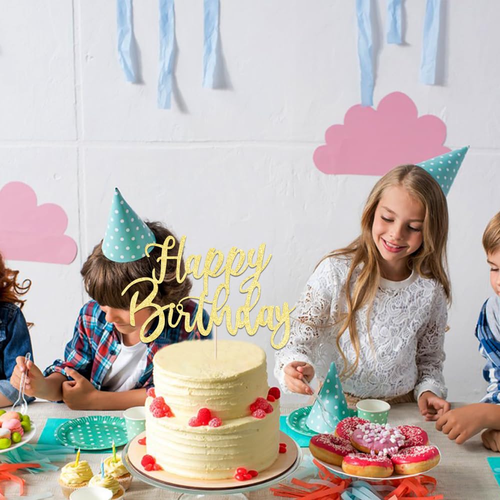 Handmade Gold Glitter Happy Birthday Cake Topper & Bunting Decor - Birthday Party Decoration Supplies for Wedding, Baby Shower & Anniversary Celebrations