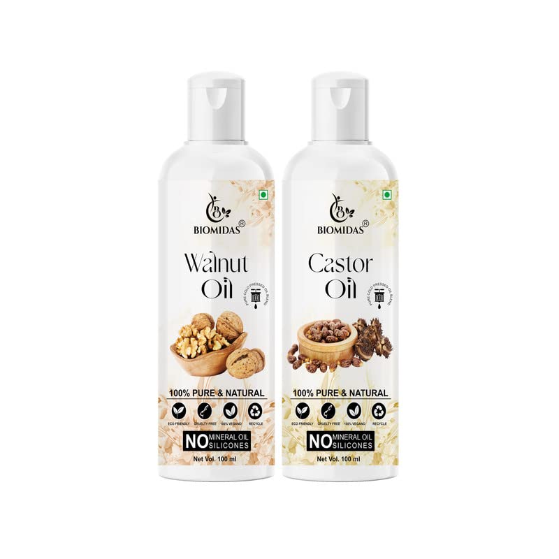 Biomidas 100% Pure Walnut Oil & Castor Oil Combo (100ML Each) for Fast Hair Growth, Anti Hair Loss, Split Ends Repair - Promotes Soft & Shiny Hair (2-Pack) | Natural Hair Care for Men & Women, Daily Scalp Treatment & Deep Conditioning