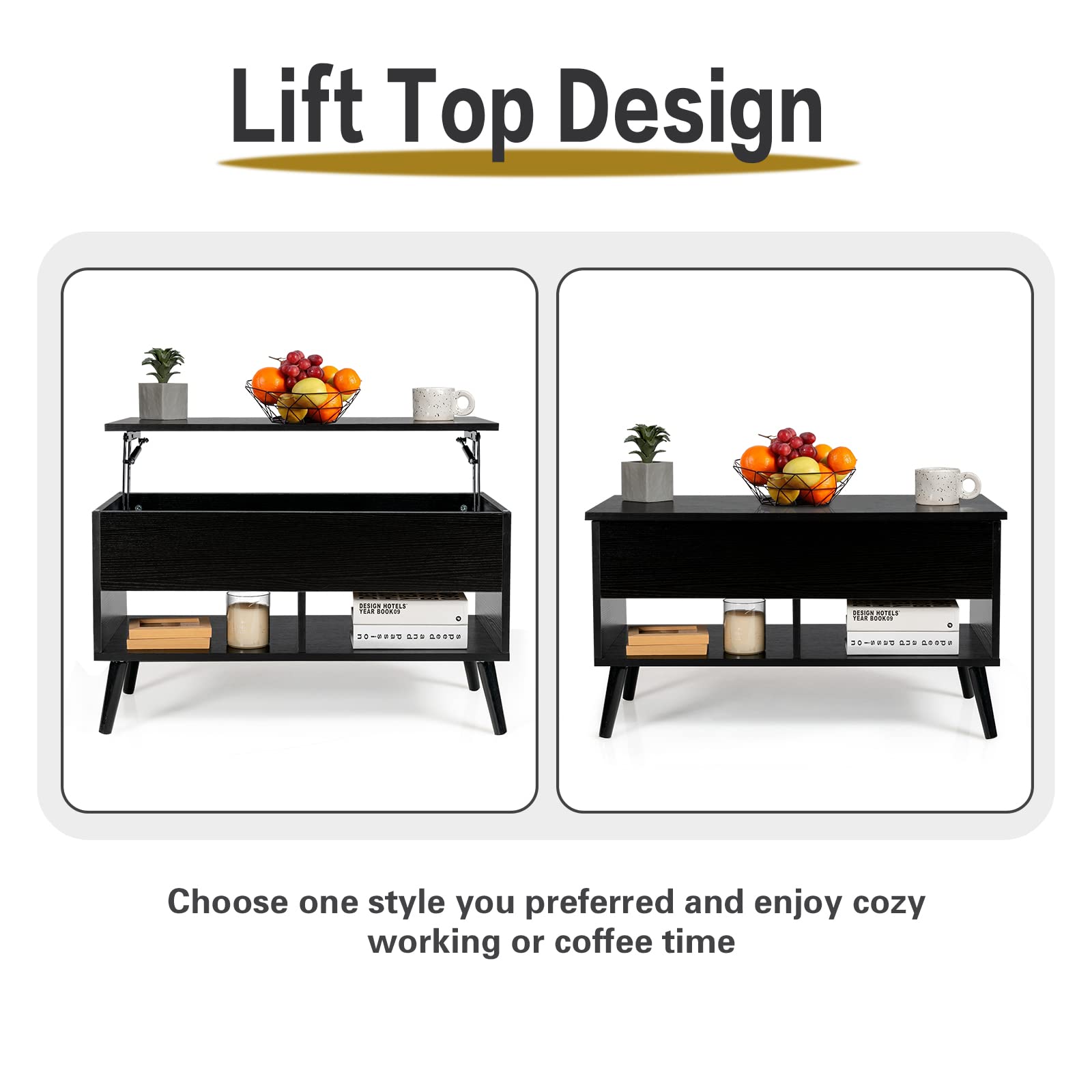 Tangkula Lift Top Coffee Table with Hidden Storage - Wooden Lift Tabletop Dining Table with 2 Open Shelves & Metal Hydraulic Lifting Device - 4 Pine Legs - Modern Rising Tabletop Center Table for Living Room, Office, or Small Space