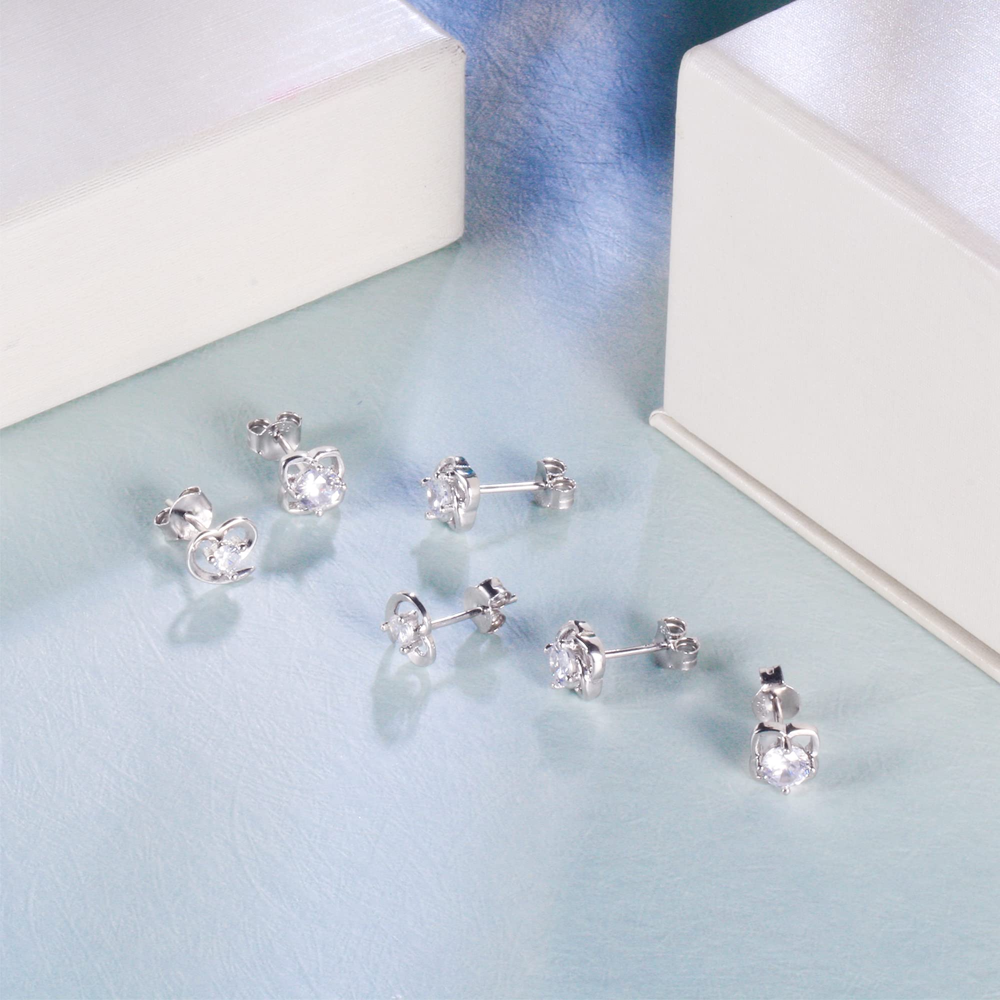 925 Sterling Silver CZ Stud Earrings for Women - 3 Pairs Cubic Zirconia Flower & Heart Earring Set | Hypoallergenic, Elegant Jewelry for Daily Wear, Parties & Gifts