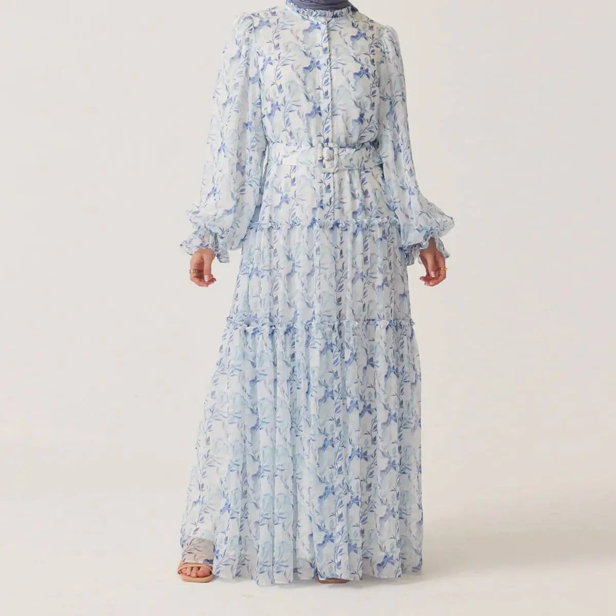 Elegant Muslim Women's Chiffon Printed Abaya Dress - Modest Islamic Prayer Dress for Eid, Ramadan & Special Occasions
