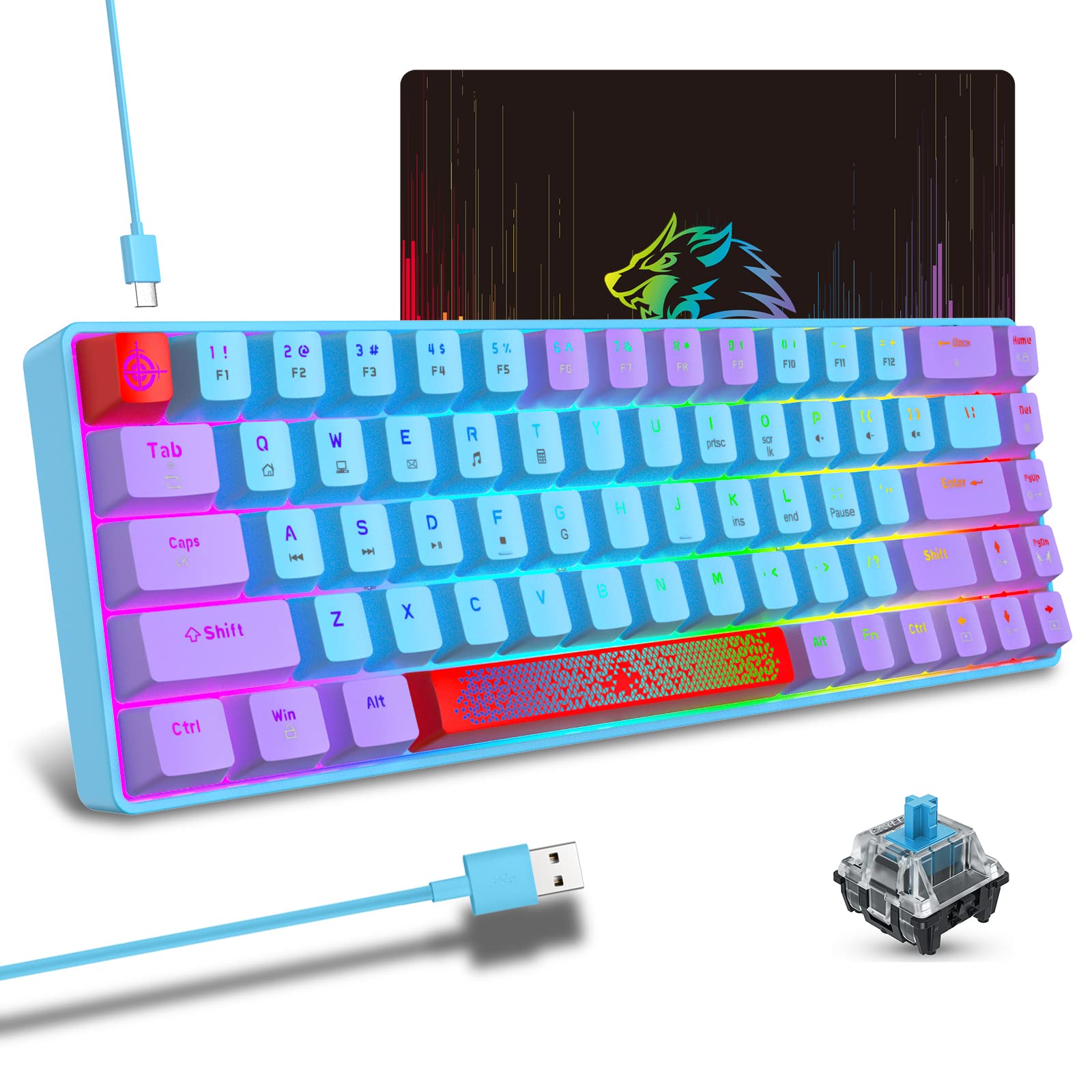 60% Wired Mechanical Gaming Keyboard with RGB Backlight, Compact 68-Key Design, Anti-Ghosting, Type-C Connection - Includes Waterproof Color Mouse Pad (Blue Purple & Blue Switch) - Perfect for Windows PC, Mac & Laptop Gamers, Programmers & Office Work