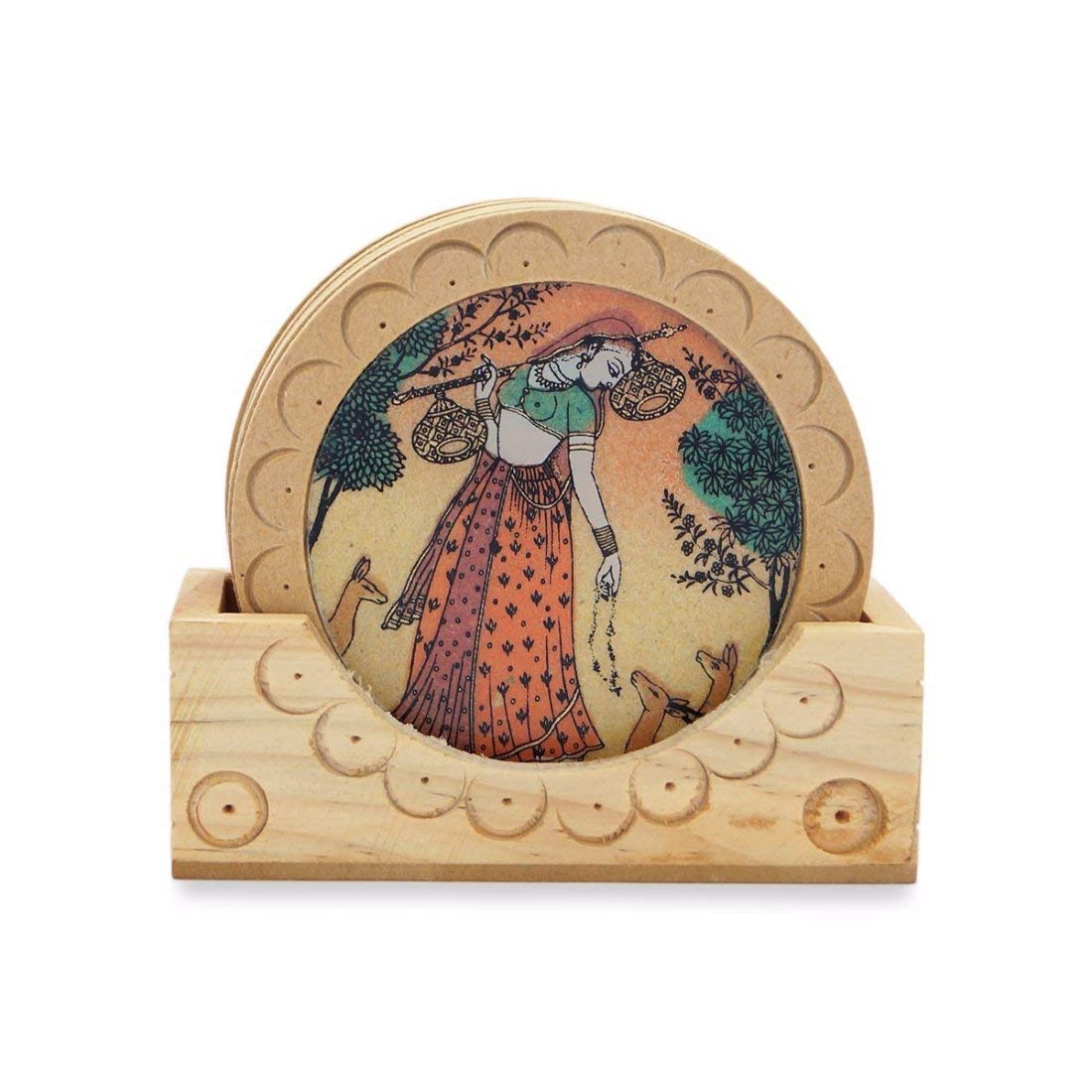SAUDEEP INDIA Mona Lisa Printed Square Wooden Coaster Set with Holder - Heat Resistant for Hot & Cold Drinks, Coffee Cups, Beer Mugs, Tumblers & Cans - Perfect for Dining Table, Home, Office & Bar Decor