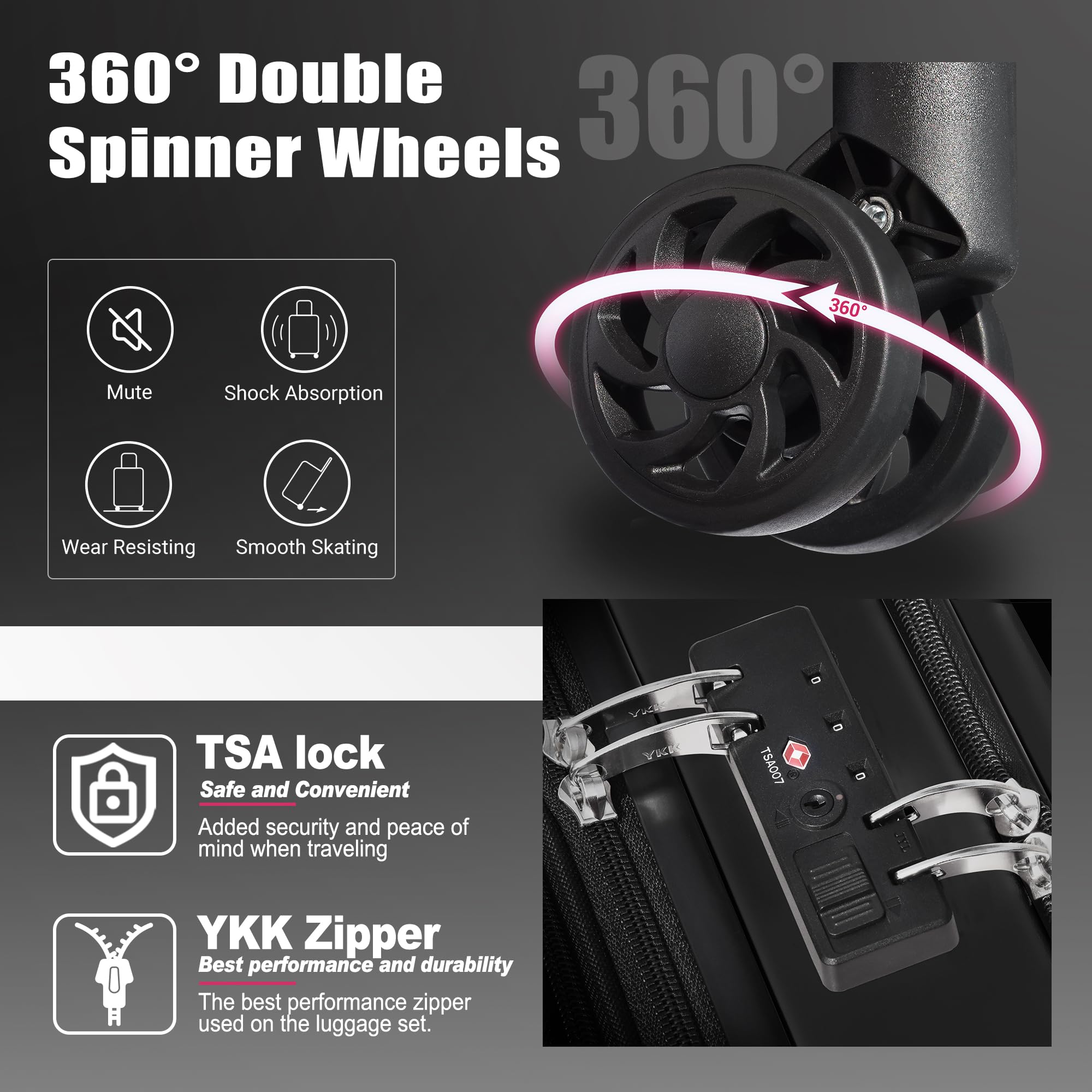 SmileLine 20 Inch Lightweight Hardside Carry-On Luggage Set with TSA Lock, 360° Spinner Wheels & Expandable Design - Includes Travel Backpack & Makeup Bag (Black) - Perfect for Business Trips, Weekend Getaways & Air Travel