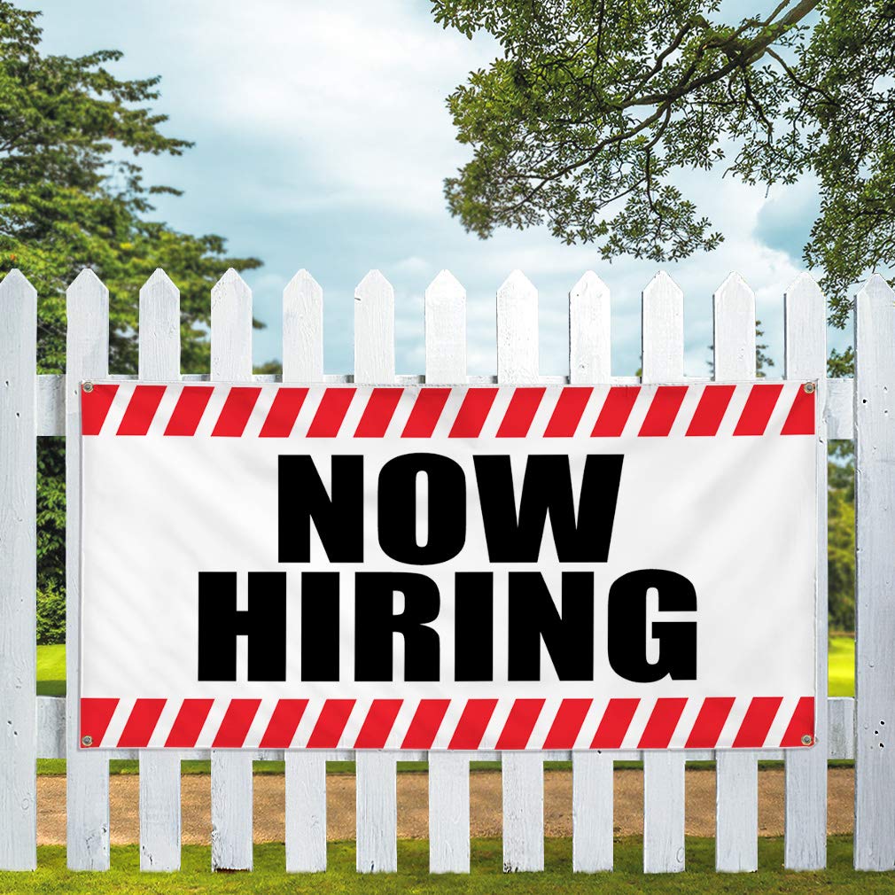 Custom Vinyl Banner - Now Hiring Business Sign - Weatherproof Outdoor Yard Sign - Multiple Sizes (60x144 Inches) - White with 10 Grommets - Perfect for Business Advertising, Events, and Outdoor Promotions