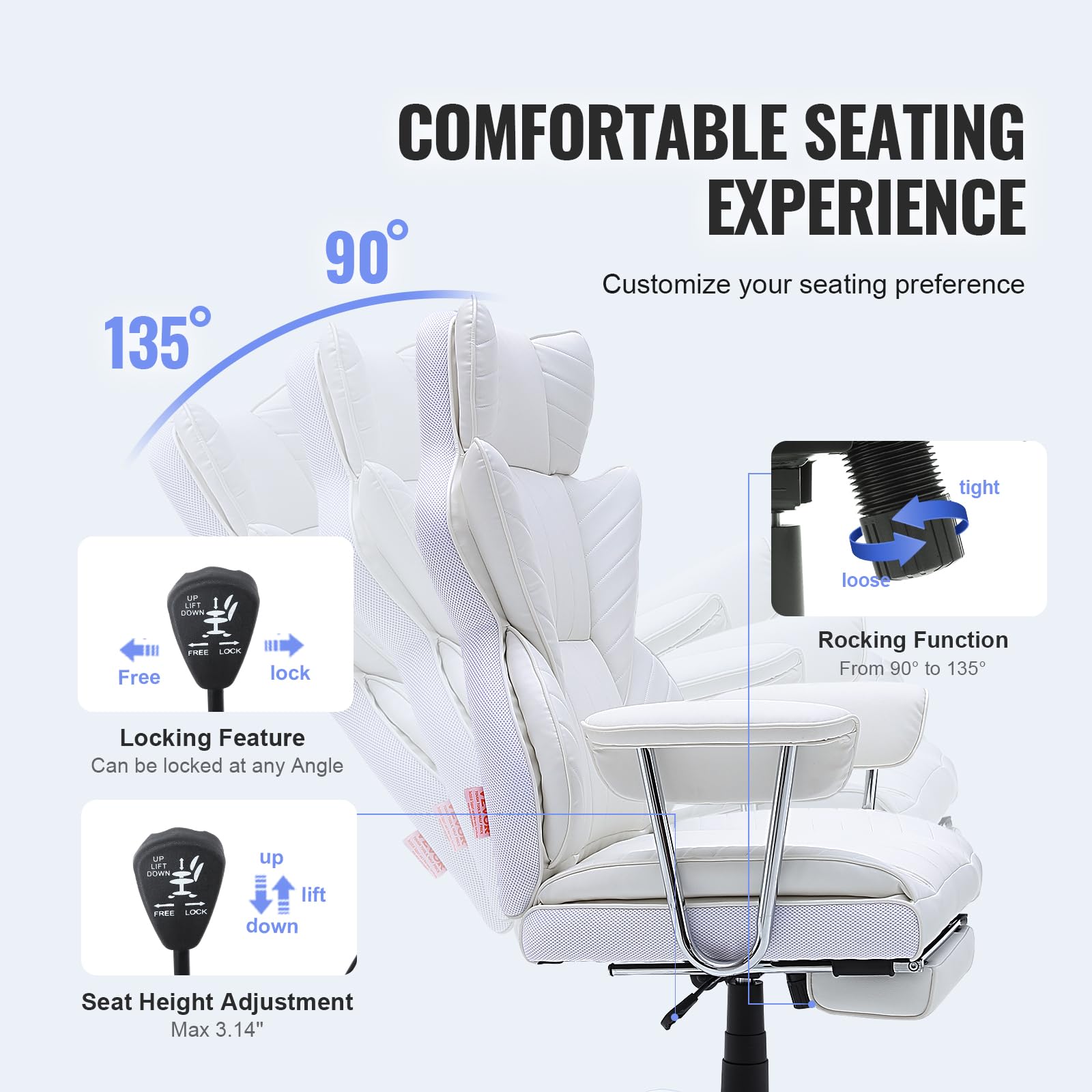 VEVOR Ergonomic Reclining Office Chair with Footrest - Heavy Duty PU Leather Executive Chair for Big & Tall - Adjustable Lumbar Support & Quiet Rolling Wheels - Perfect for Home Office, Gaming & Workspaces (White)
