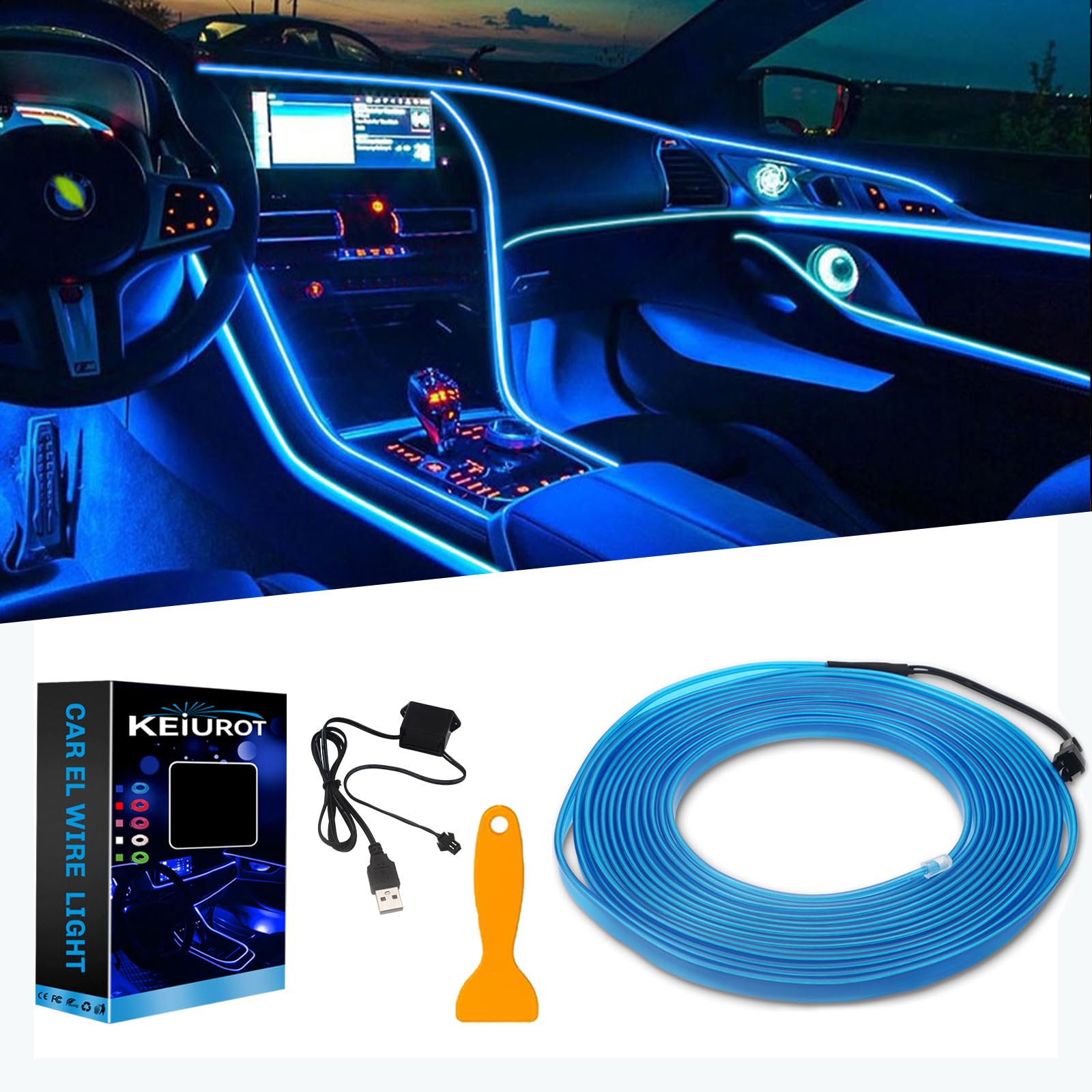 Blue EL Wire Lights for Car Interior - 16FT/5M USB-Powered Neon LED Strip Lights for Cars, Parties & Home Decoration | Perfect for Night Driving, Car Shows & Garden Decorations
