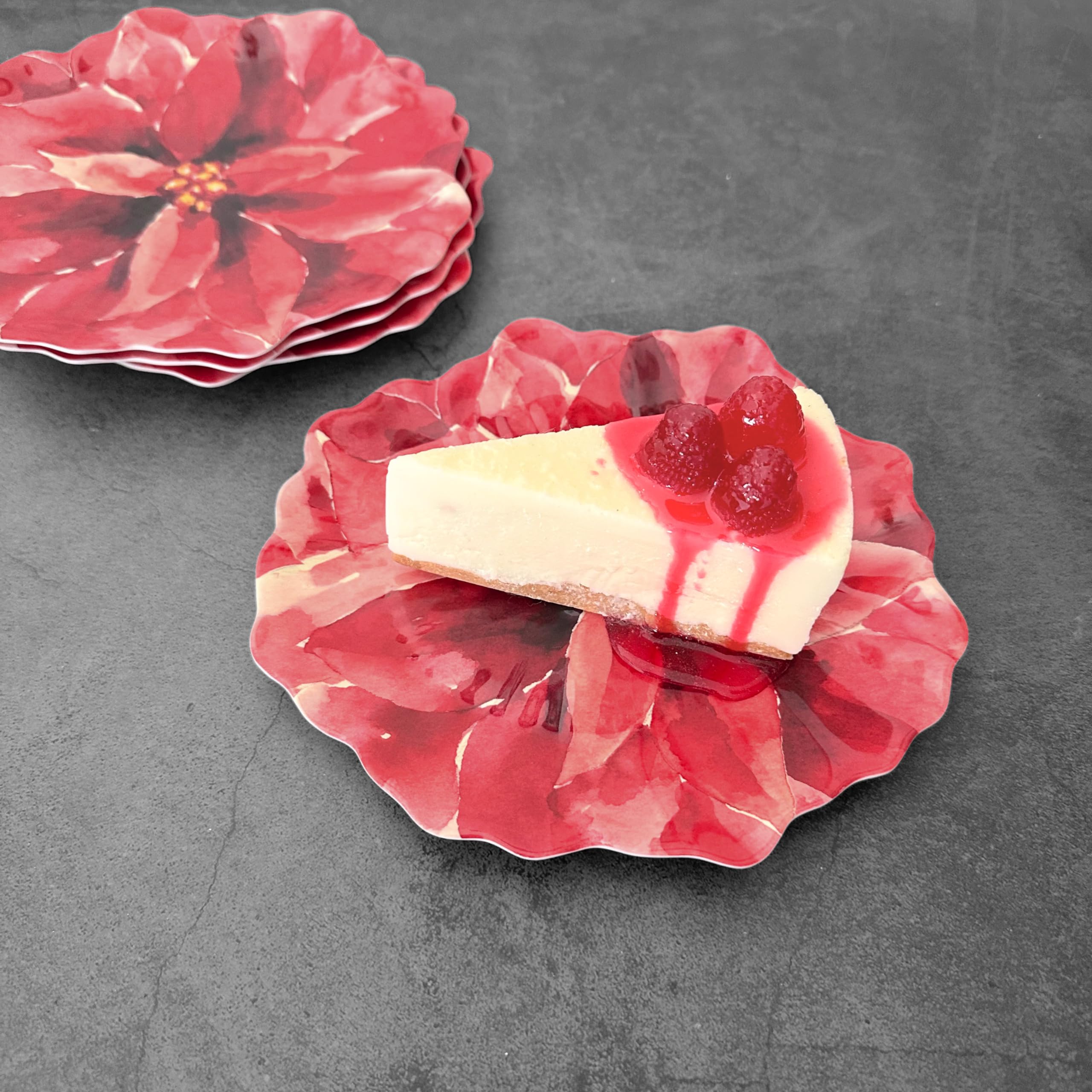 UPware 4-Piece 7.5 Inch Melamine Dessert Plates - Floral Shaped Appetizer & Dinner Plates for Party, Snacks, Fruits, Side Dishes (Poinsettias) | Durable & Lightweight for Indoor/Outdoor Dining, Picnics, BBQs, and Special Occasions
