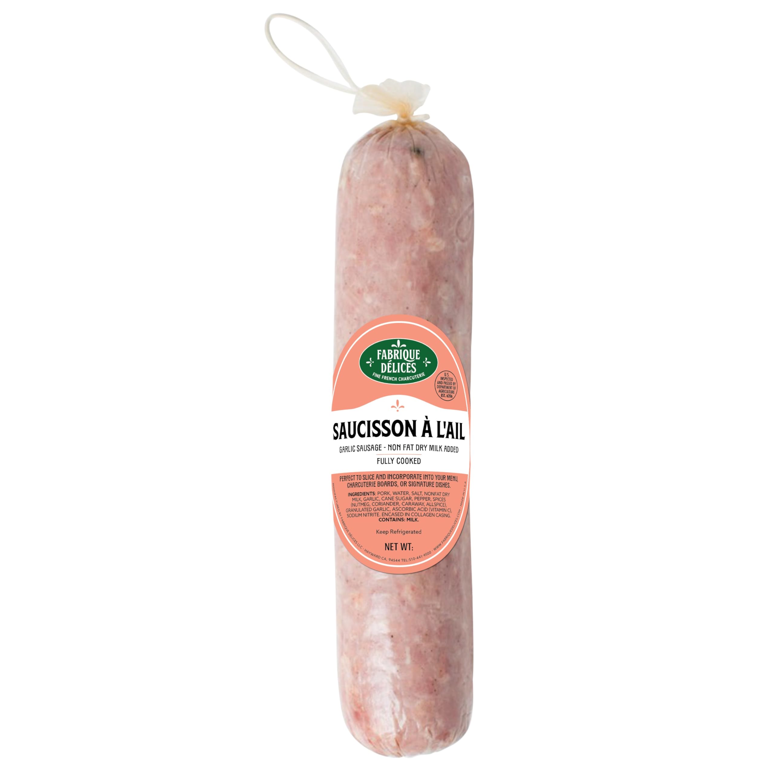 Fabrique Delices Gourmet Fully Cooked Garlic Sausage - 1.5 lb (Pack of 12) | Premium Pork Sausage with Fresh & Roasted Garlic | Perfect for Charcuterie Boards, Sandwiches & Holiday Meals