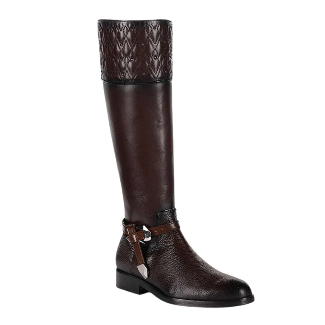 Women's Franco Cuadra FC868 Engraved Brown Leather Riding Boots - Stylish Equestrian & Casual Fashion Footwear for Horseback Riding & Everyday Wear