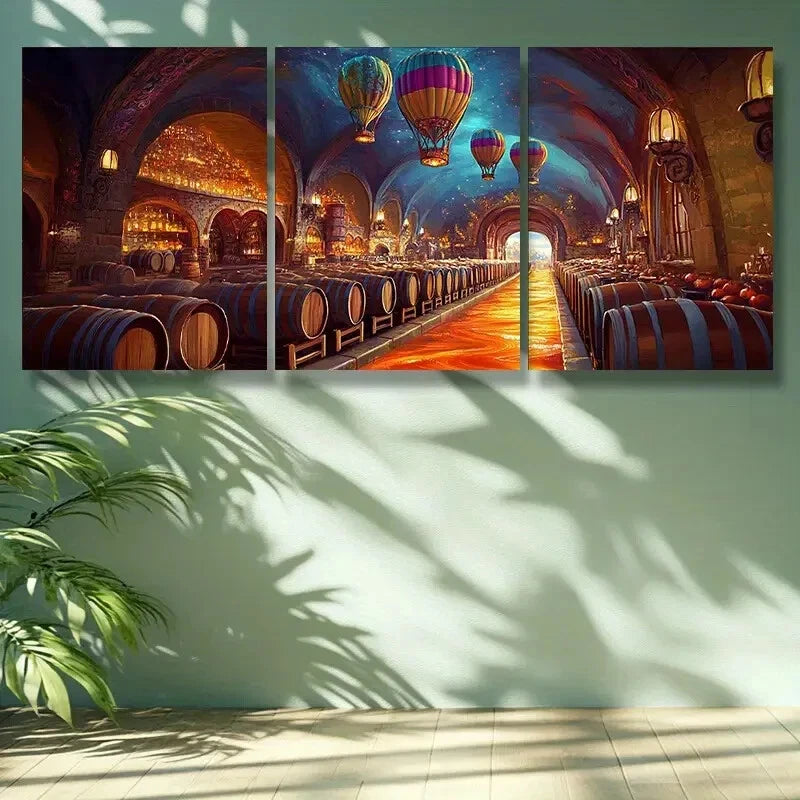 3-Piece Vibrant Wine Cellar Metal Wall Art with Hot Air Balloon Design - Ready to Hang Home Decor for Dining Room, Kitchen or Bar