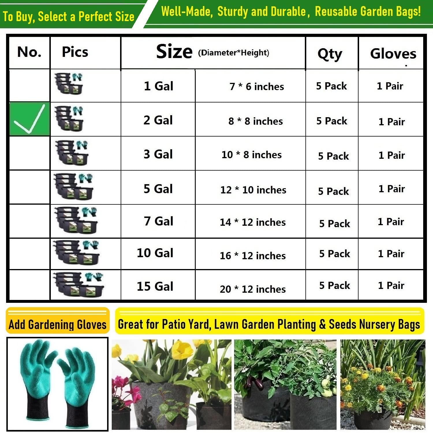 5-Pack 2 Gallon Thickened Fabric Plant Grow Bags (8x8 Inch) - Durable Nursery Pots for Herbs, Vegetables, Flowers - Ideal for Indoor/Outdoor Gardening, Balcony Planting & Container Gardening with Free Garden Gloves
