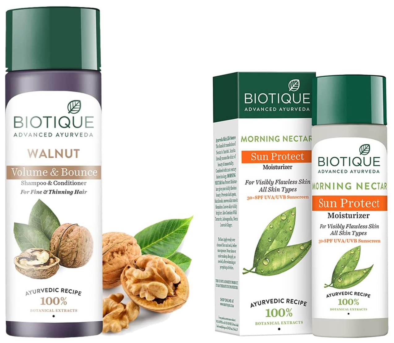 Biotique Bio Morning Nectar Sunscreen SPF 30+ for Face - Ultra Soothing Moisturizer for All Skin Types (120ml) & Bio Walnut Bark Fresh Lift Shampoo for Fine & Thinning Hair - Volumizing & Strengthening (190ml) - Perfect for Daily Skincare & Hair Care Routine