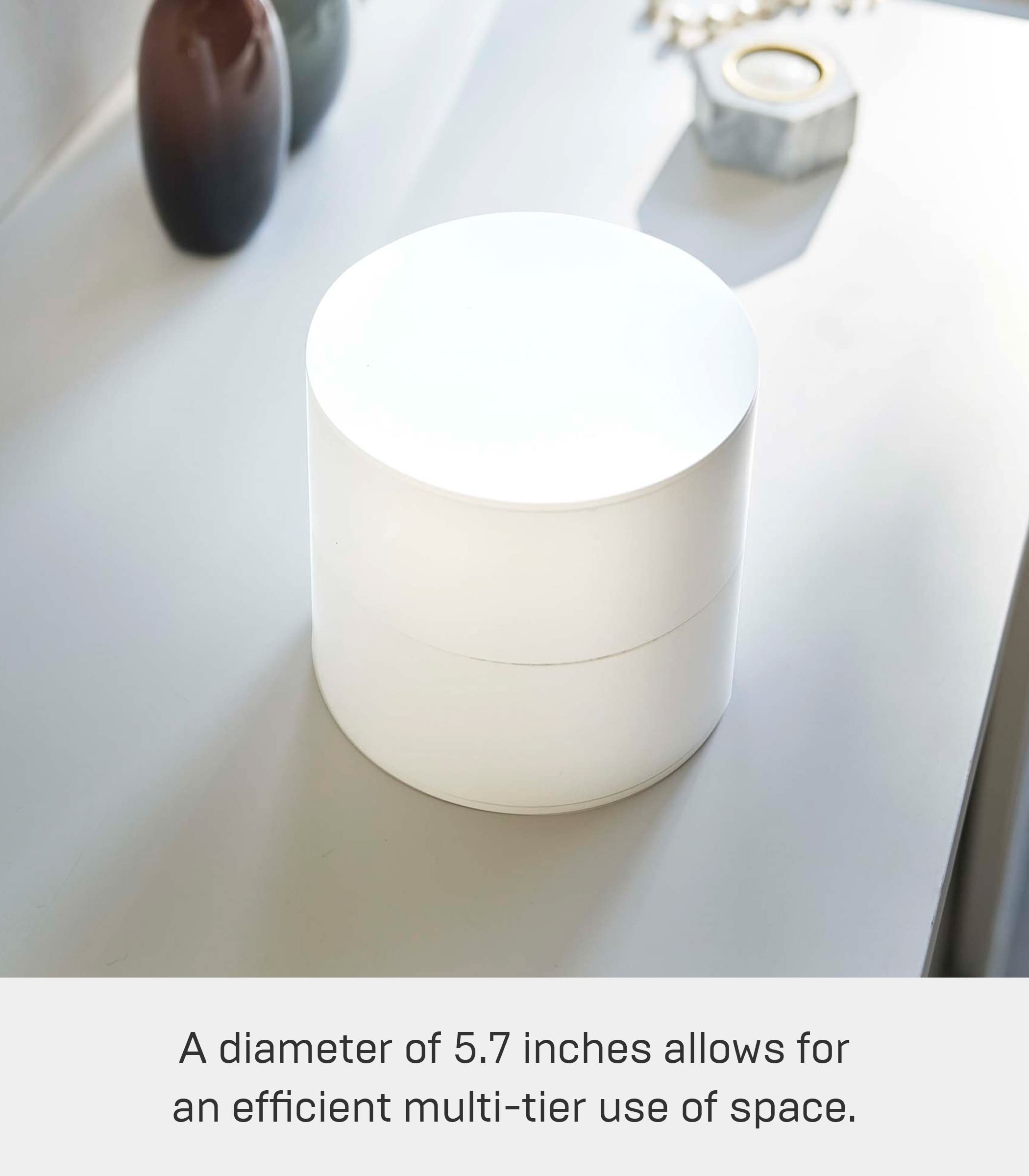 Yamazaki Home White ABS Plastic Rotating Jewelry Organizer - Stackable Tower Storage Box for Earrings, Watches, Glasses & Accessories Display - Perfect for Bedroom Vanity, Closet Organization & Gift Giving