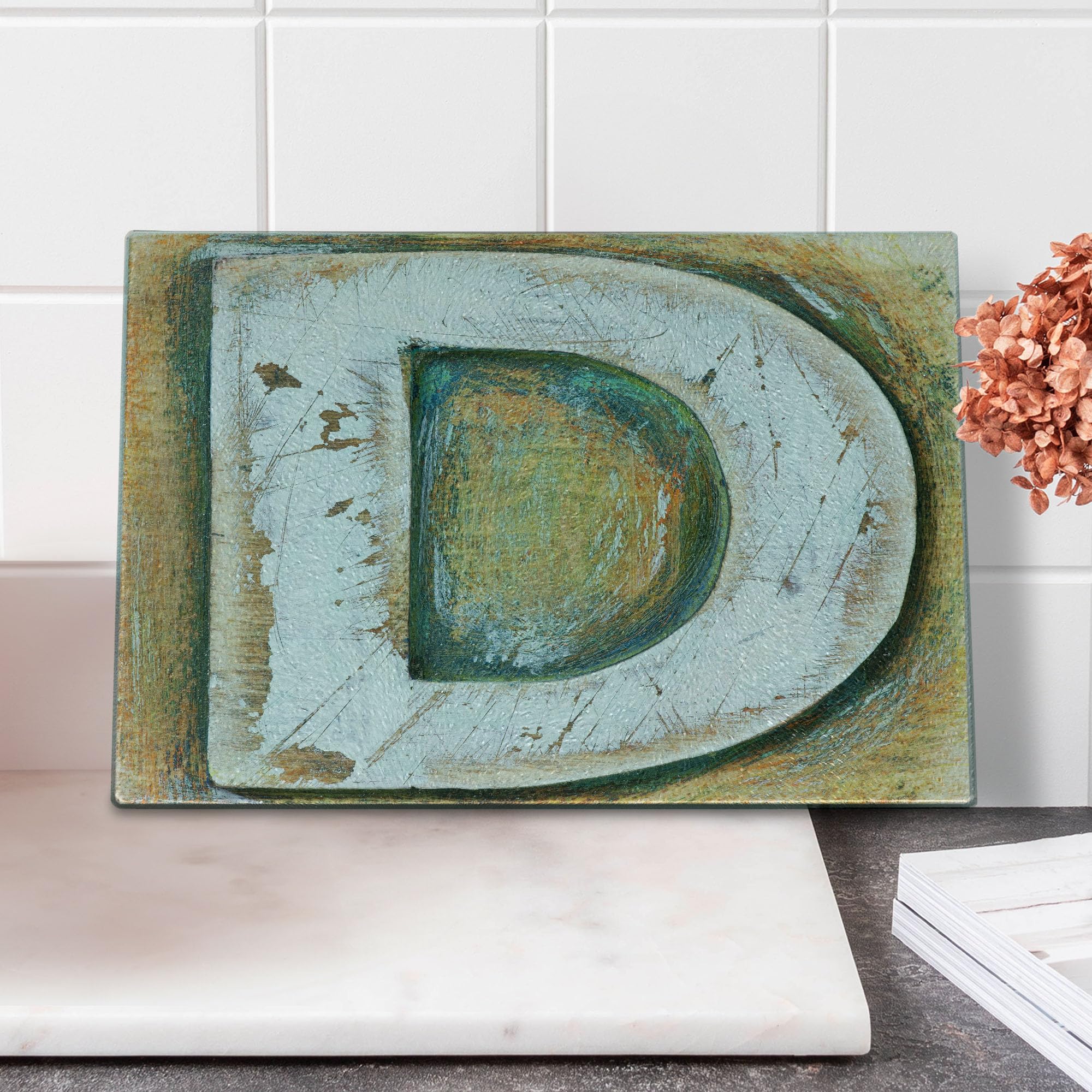 Ambesonne Letter D Cutting Board - Rustic Initial D Capital Letter with Vintage Grunge Design - Decorative Tempered Glass Serving Board - Small Size in Pale Orange, Green & White - Perfect for Charcuterie, Cheese Display & Kitchen Decor