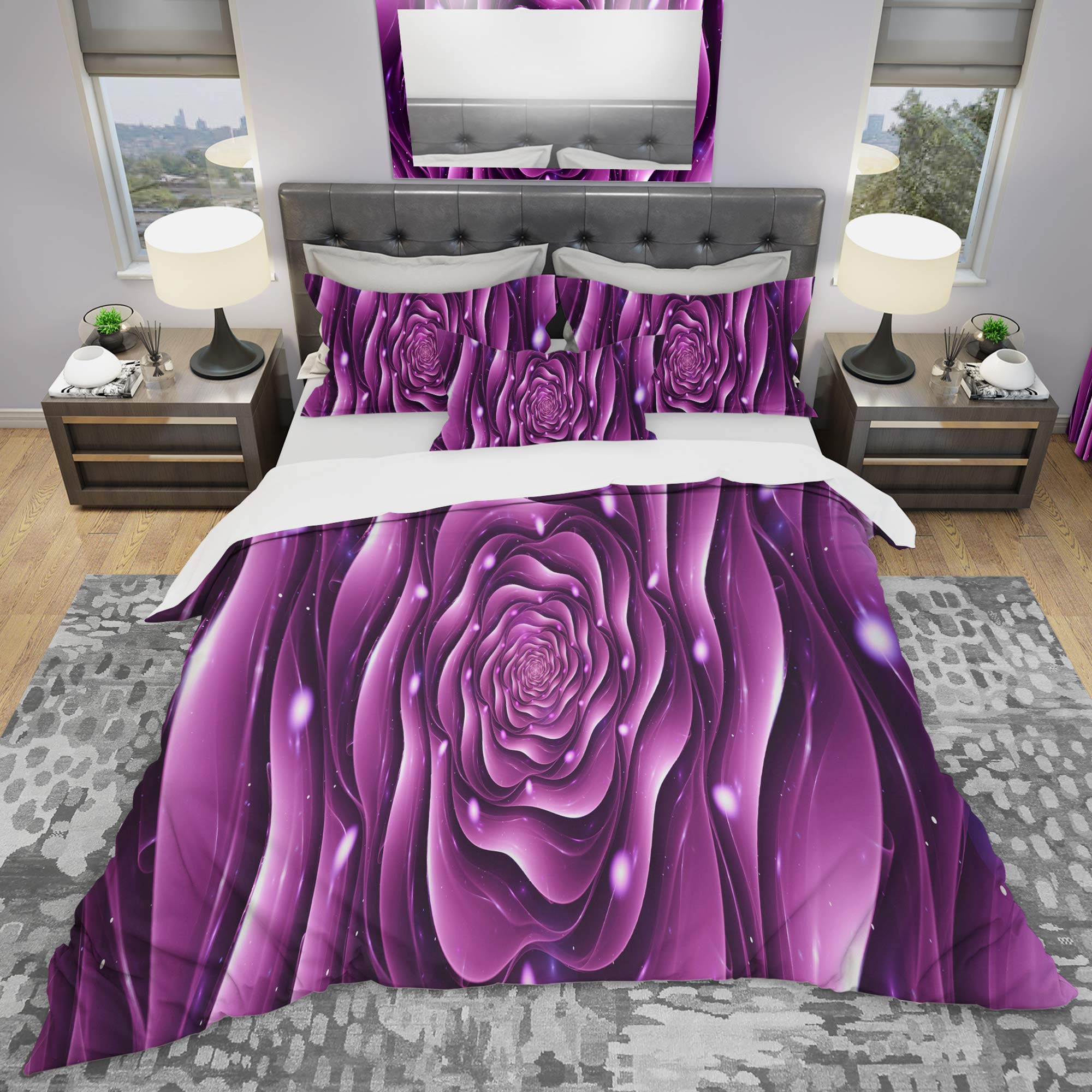 Purple Rose Duvet Cover Set - Modern & Contemporary Bedding for Queen/King Size - Perfect for Master Bedroom, Guest Room & Home Decor